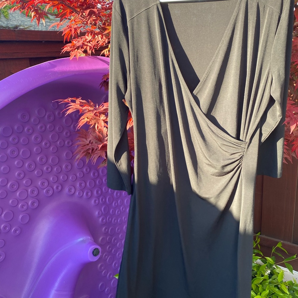 Beautiful Faux Wrap Stretch Black Dress - size L.